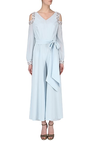 Powder Blue Embroidered Jumpsuit by Japnit Ahluwalia