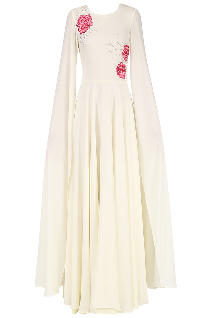 White Embroidered Maxi Dress with Cape Sleeves by Japnit Ahluwalia