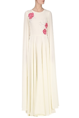 White Embroidered Maxi Dress with Cape Sleeves by Japnit Ahluwalia