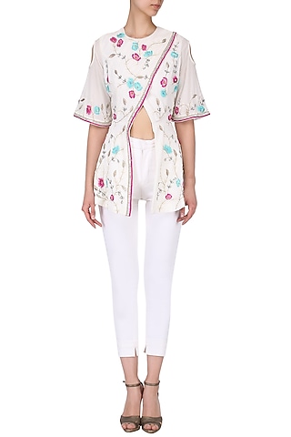 White Angrakha Embroidered Jacket by Japnit Ahluwalia
