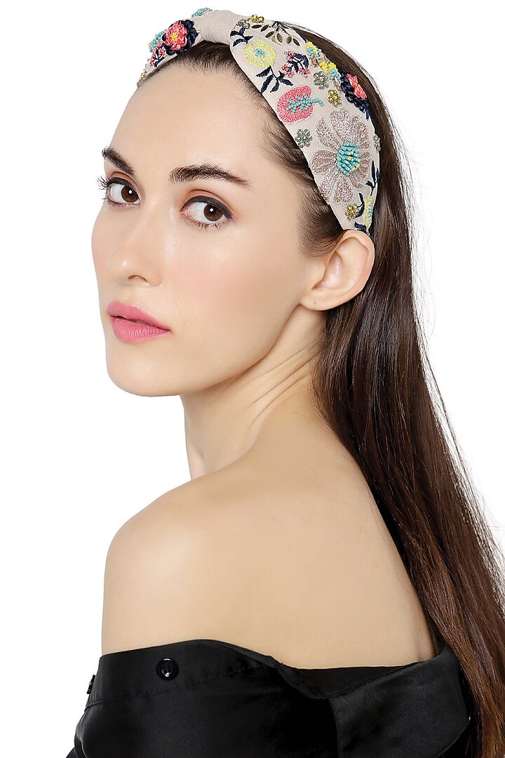 White Hairband With Thread Embroidery by Joey & Pooh at Pernia's Pop Up Shop