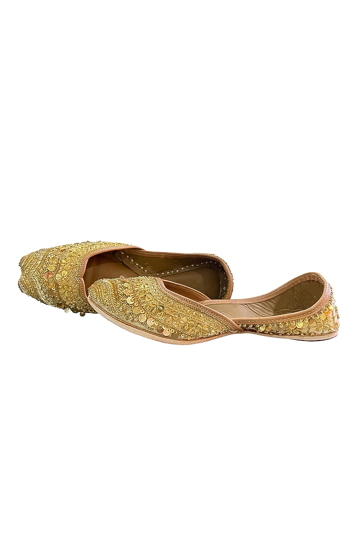 Gold Silk Sequins & Zari Embroidered Handcrafted Juttis by Juliet Rose at Pernia's Pop Up Shop