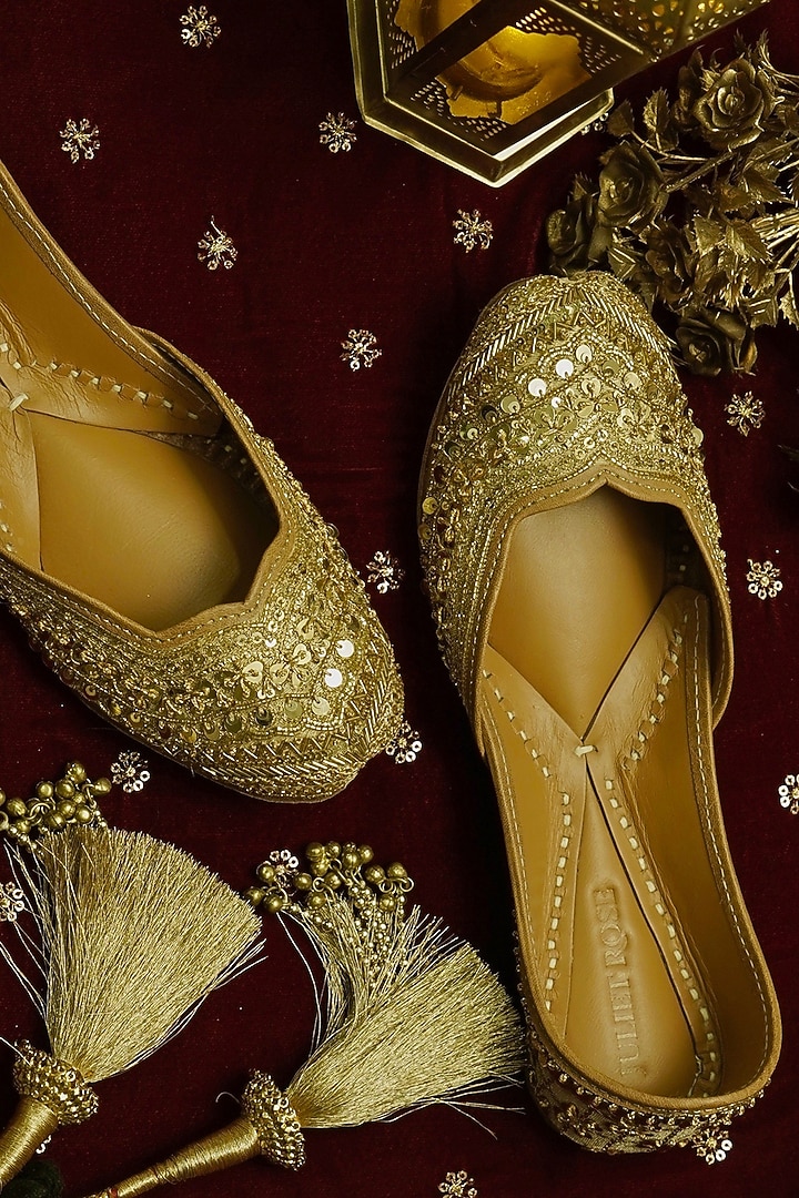 Gold Silk Sequins & Zari Embroidered Handcrafted Juttis by Juliet Rose at Pernia's Pop Up Shop