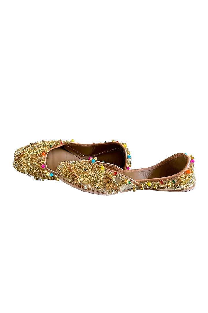 Gold Silk Sequins & Thread Embroidered Handcrafted Juttis by Juliet Rose at Pernia's Pop Up Shop