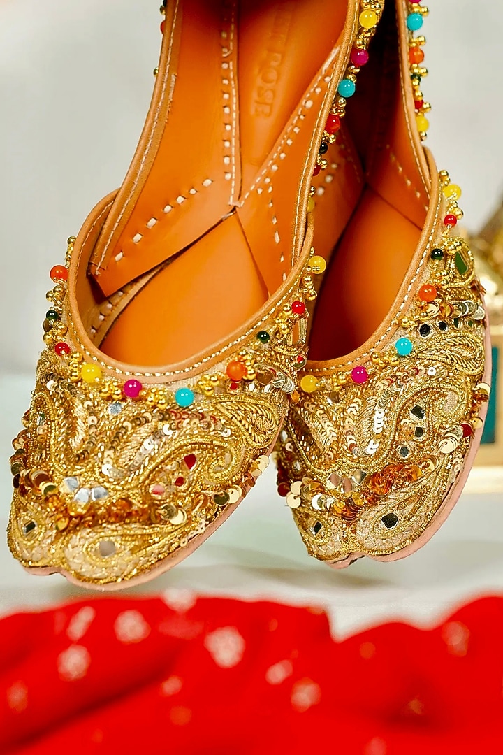 Gold Silk Sequins & Thread Embroidered Handcrafted Juttis by Juliet Rose at Pernia's Pop Up Shop