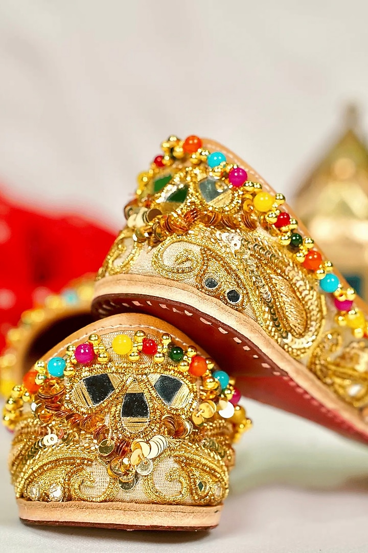 Gold Silk Sequins & Thread Embroidered Handcrafted Juttis by Juliet Rose at Pernia's Pop Up Shop