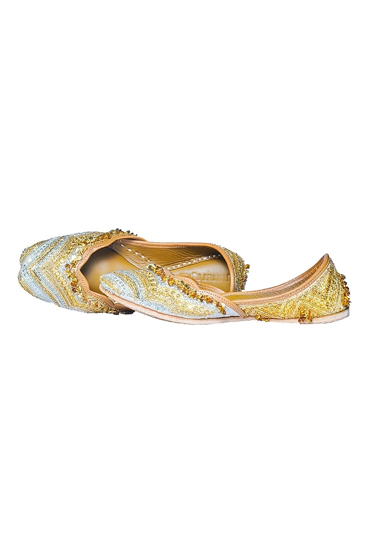 Gold Silk & Tissue Handcrafted Juttis by Juliet Rose at Pernia's Pop Up Shop