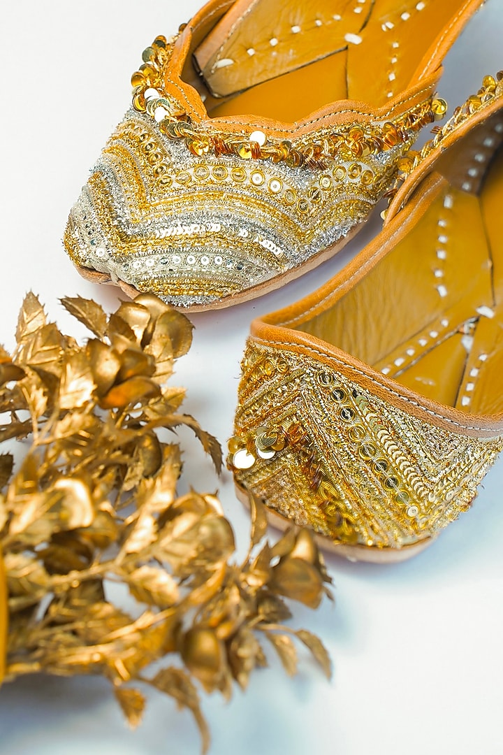 Gold Silk & Tissue Handcrafted Juttis by Juliet Rose at Pernia's Pop Up Shop