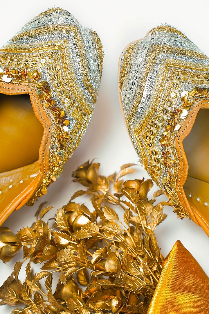 Gold Silk & Tissue Handcrafted Juttis by Juliet Rose at Pernia's Pop Up Shop