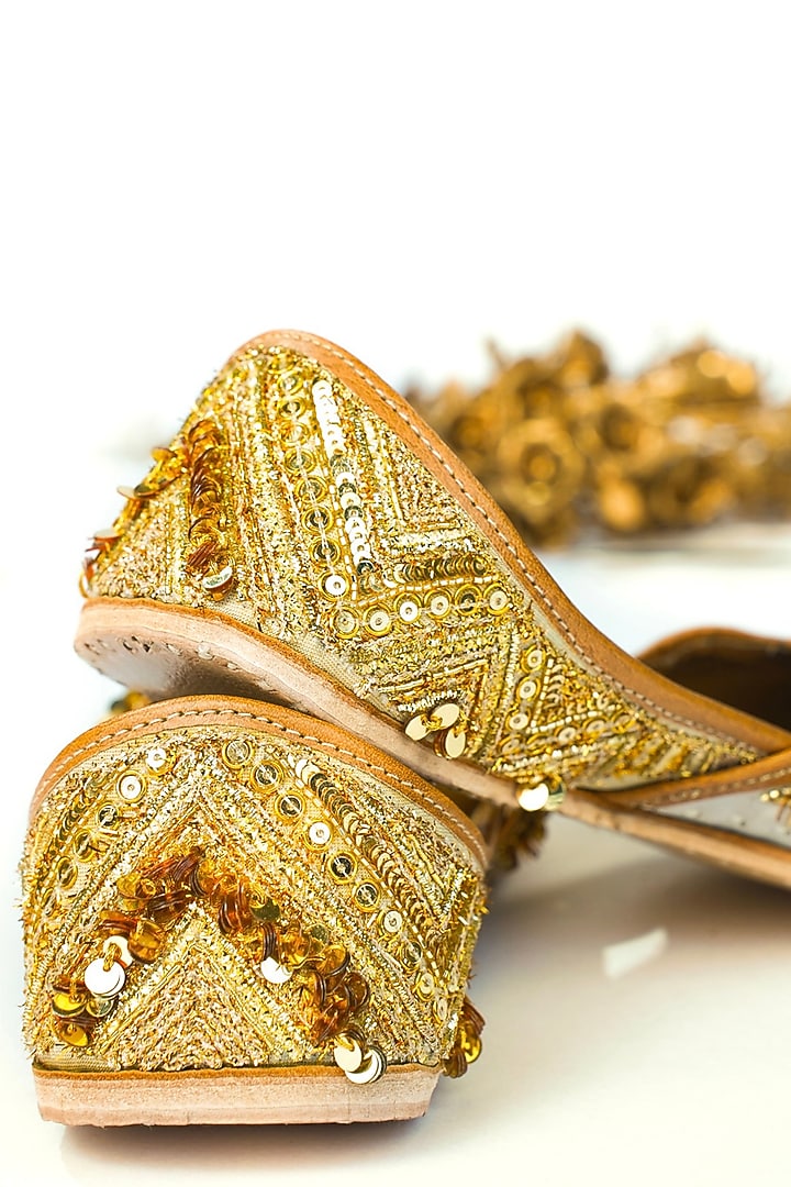 Gold Silk & Tissue Handcrafted Juttis by Juliet Rose at Pernia's Pop Up Shop