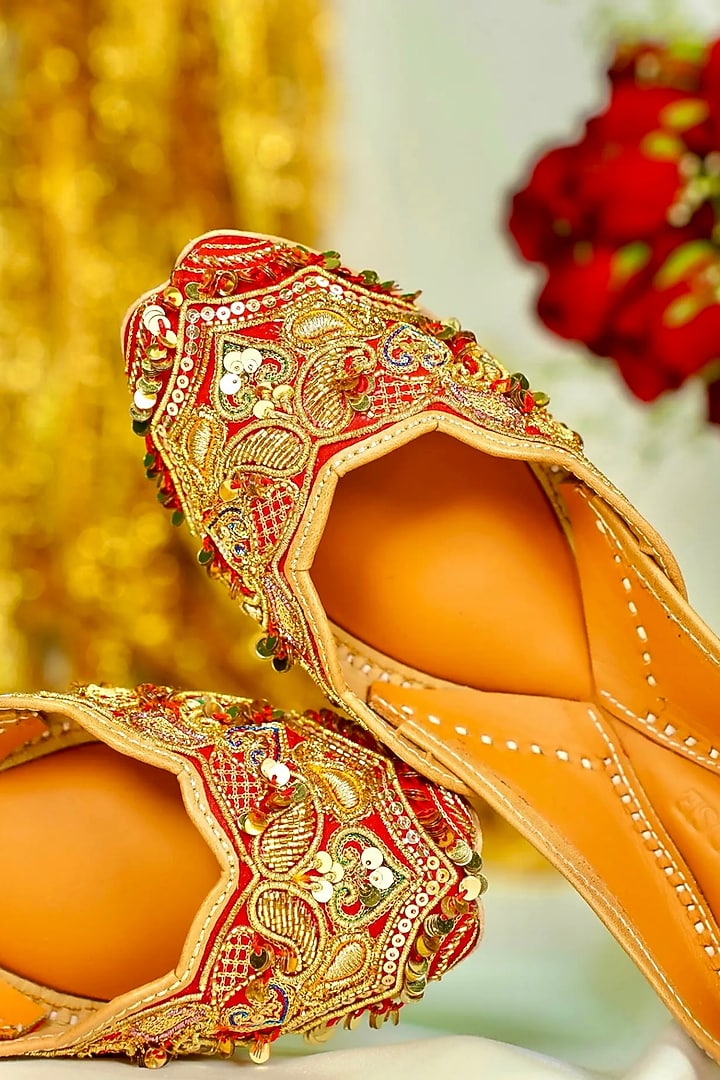 Red Silk Zari & Mirror Embellished Handcrafted Juttis by Juliet Rose at Pernia's Pop Up Shop