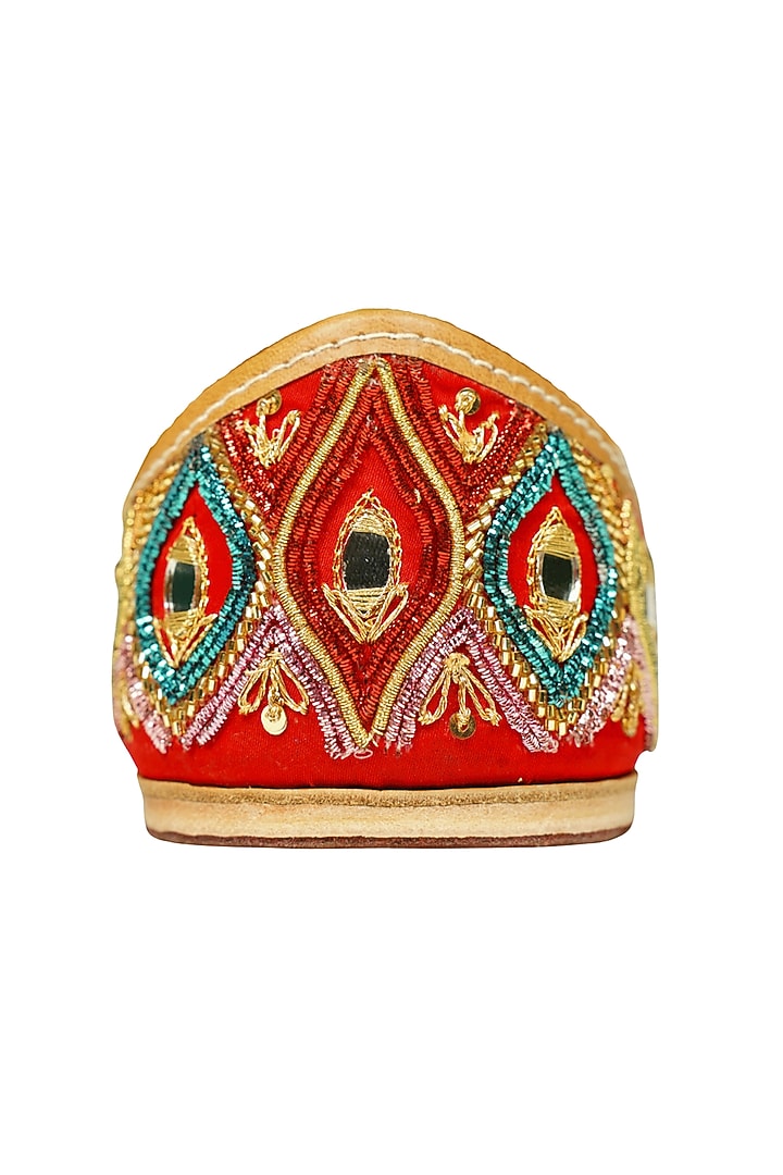 Red Silk Zari & Mirror Embellished Handcrafted Juttis by Juliet Rose at Pernia's Pop Up Shop