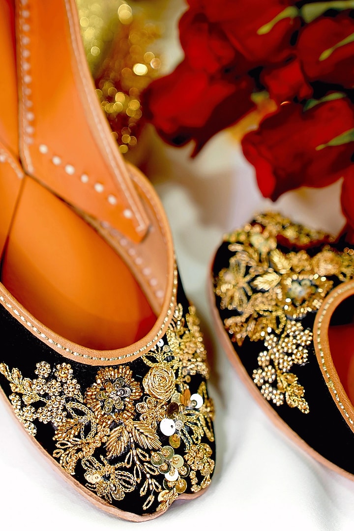 Black Velvet Beads Embellished Handcrafted Juttis by Juliet Rose at Pernia's Pop Up Shop