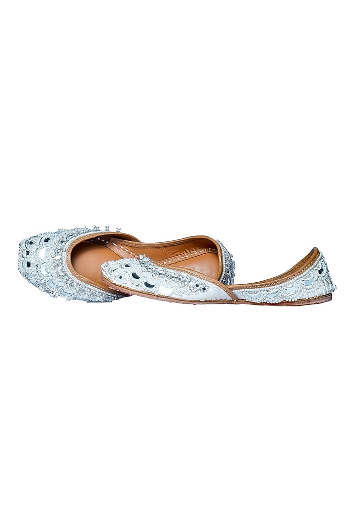 White Silk Pearl & Beads Embellished Handcrafted Juttis by Juliet Rose at Pernia's Pop Up Shop