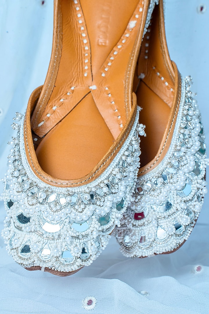 White Silk Pearl & Beads Embellished Handcrafted Juttis by Juliet Rose at Pernia's Pop Up Shop