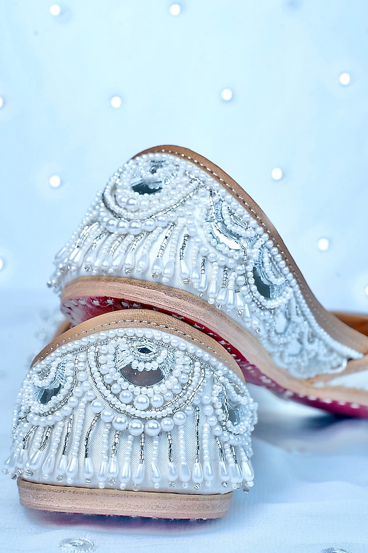 White Silk Pearl & Beads Embellished Handcrafted Juttis by Juliet Rose at Pernia's Pop Up Shop