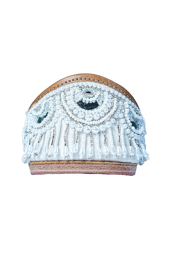 White Silk Pearl & Beads Embellished Handcrafted Juttis by Juliet Rose at Pernia's Pop Up Shop