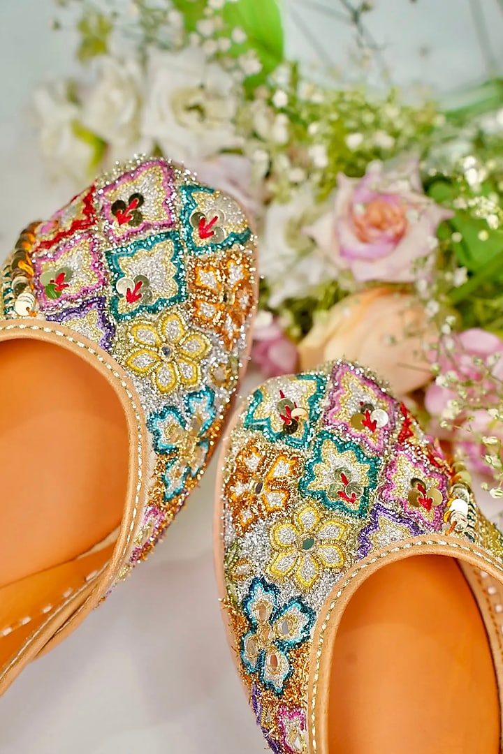 Multi-Colored Silk Sequins Embroidered Handcrafted Juttis by Juliet Rose at Pernia's Pop Up Shop