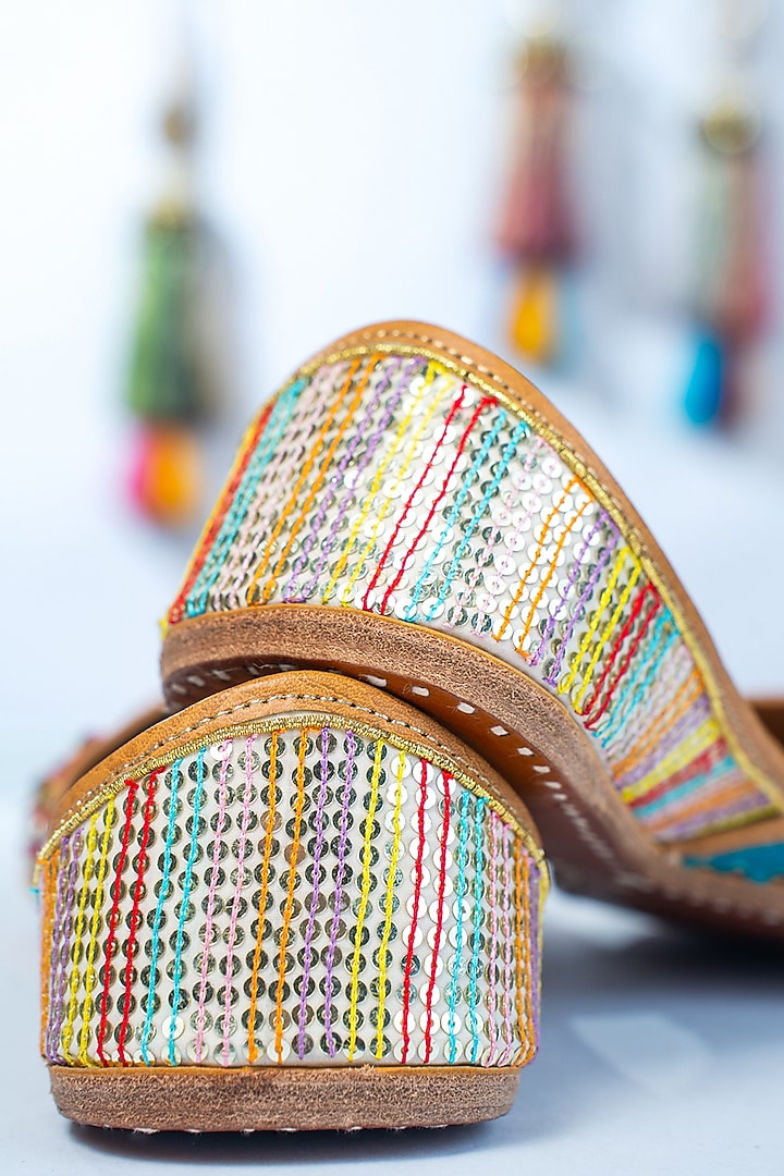 Multi-Colored Upcycled Patchwork Sequins Embellished Handcrafted Juttis by Juliet Rose at Pernia's Pop Up Shop
