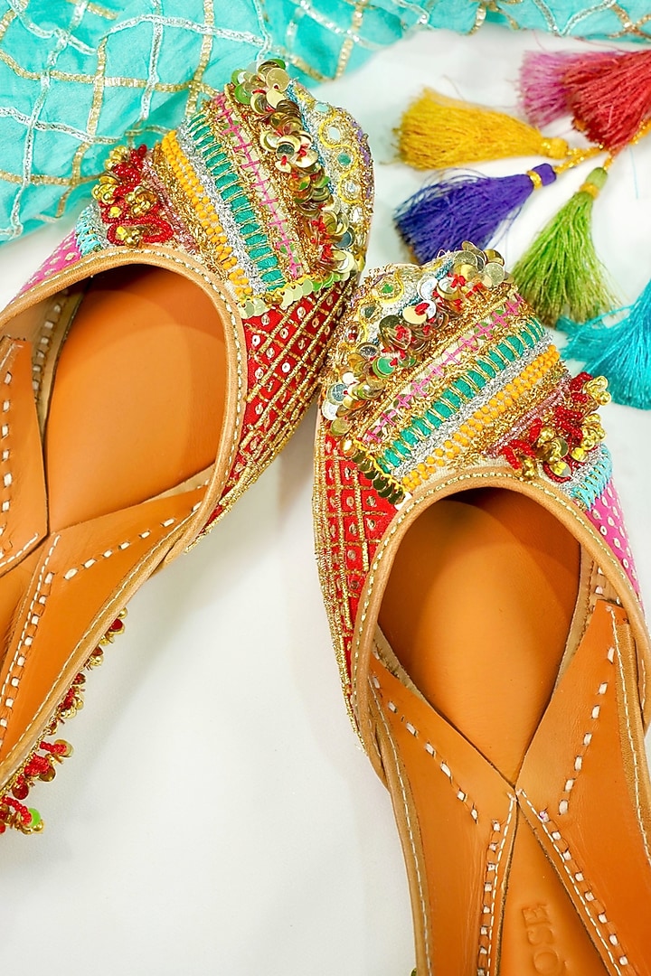 Multi-Colored Upcycled Patchwork Sequins Embellished Handcrafted Juttis by Juliet Rose at Pernia's Pop Up Shop