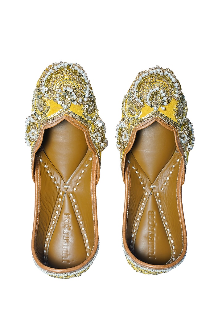 Yellow Silk Pearl & Sequins Embellished Handcrafted Juttis by Juliet Rose at Pernia's Pop Up Shop
