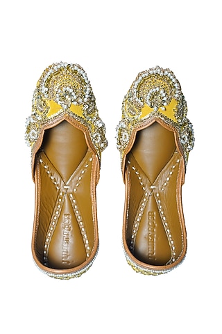 Yellow Silk Pearl & Sequins Embellished Handcrafted Juttis by Juliet Rose