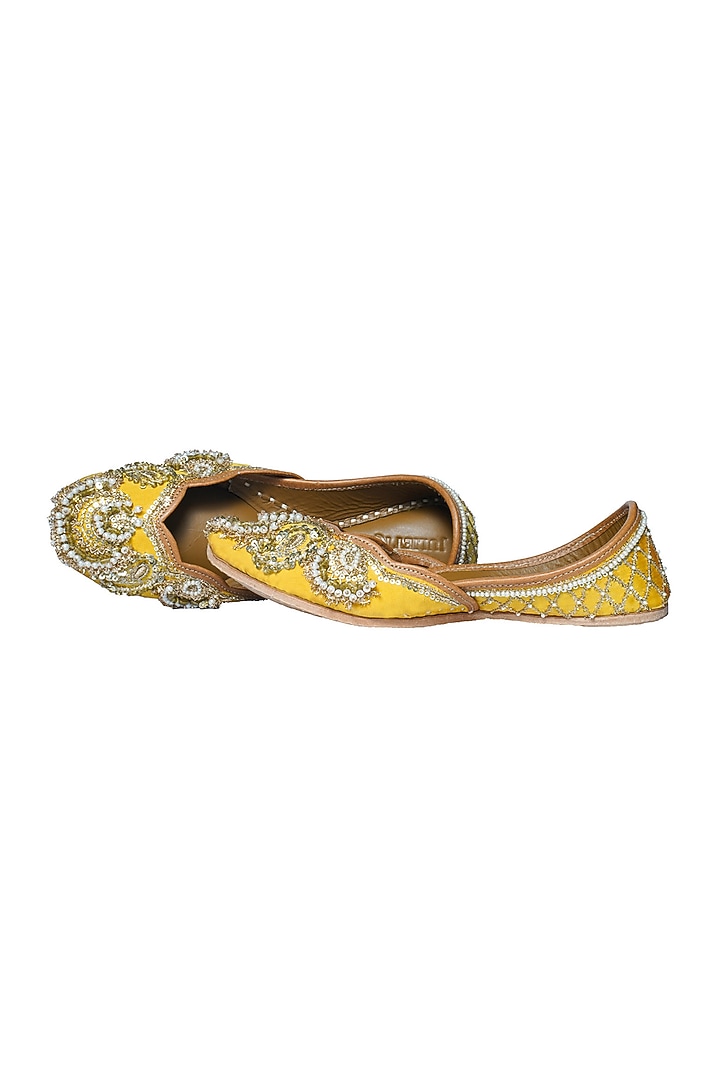 Yellow Silk Pearl & Sequins Embellished Handcrafted Juttis by Juliet Rose at Pernia's Pop Up Shop