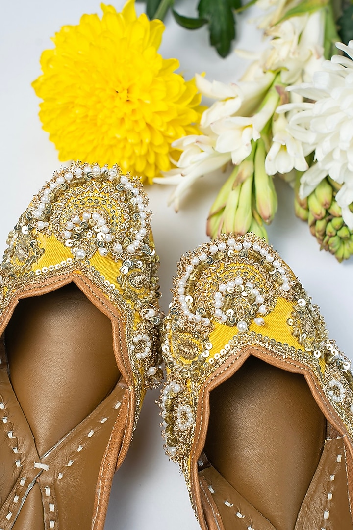 Yellow Silk Pearl & Sequins Embellished Handcrafted Juttis by Juliet Rose at Pernia's Pop Up Shop