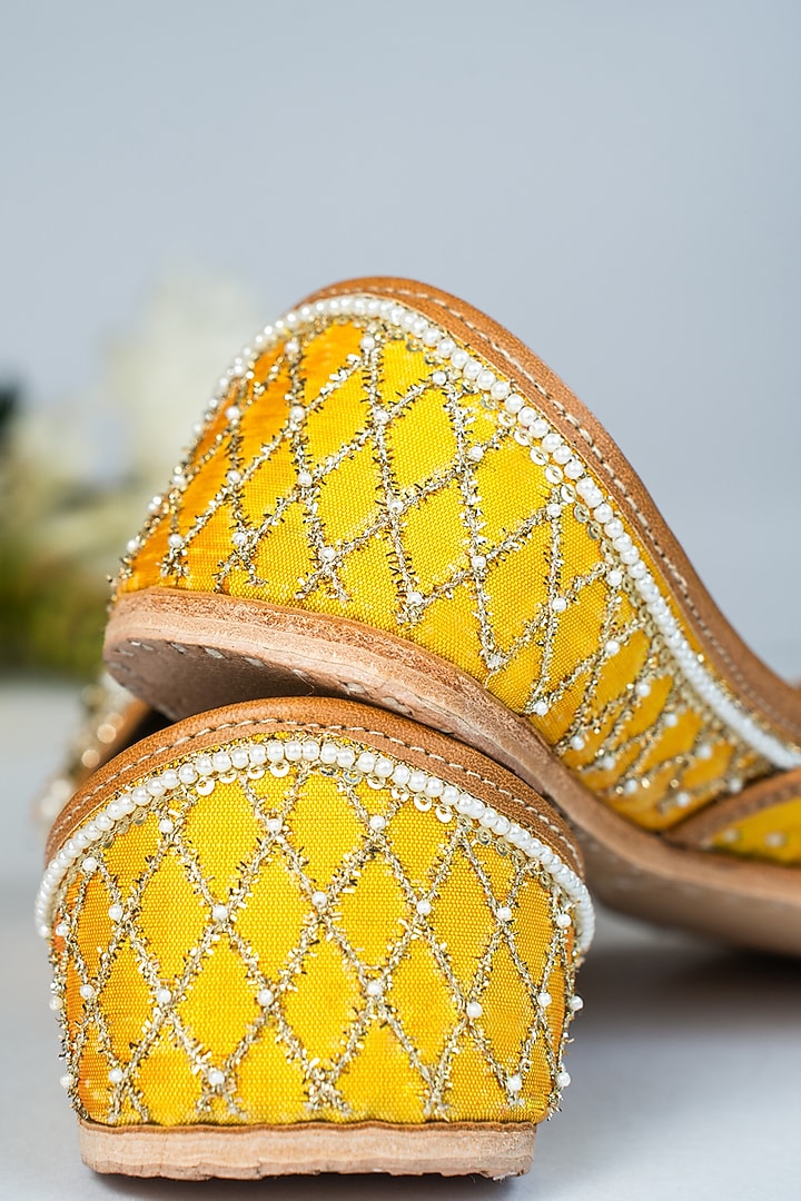 Yellow Silk Pearl & Sequins Embellished Handcrafted Juttis by Juliet Rose at Pernia's Pop Up Shop