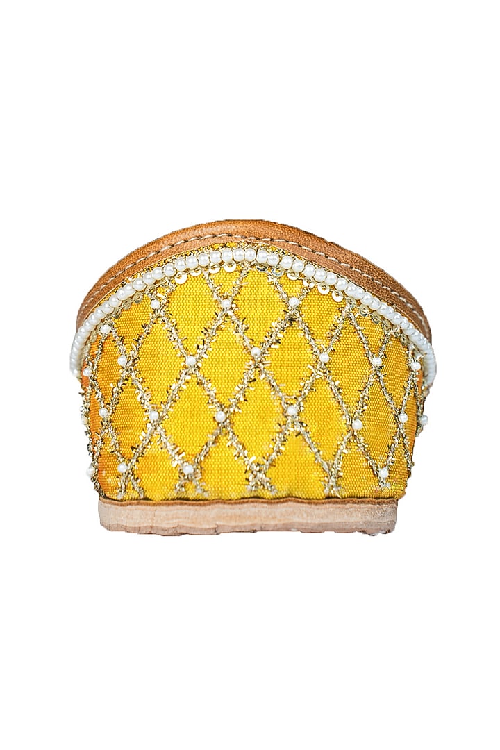 Yellow Silk Pearl & Sequins Embellished Handcrafted Juttis by Juliet Rose at Pernia's Pop Up Shop