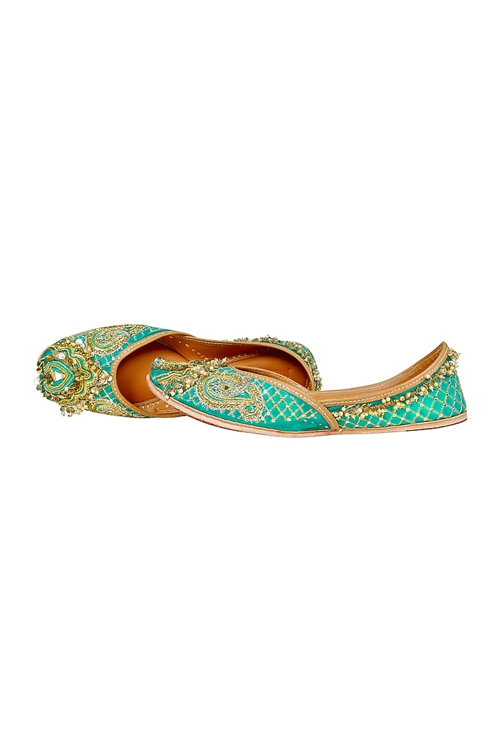 Blue Silk Beads & Sequins Embellished Handcrafted Juttis by Juliet Rose at Pernia's Pop Up Shop