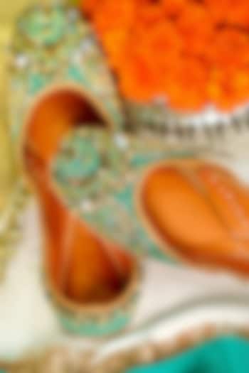 Blue Silk Beads & Sequins Embellished Handcrafted Juttis by Juliet Rose at Pernia's Pop Up Shop