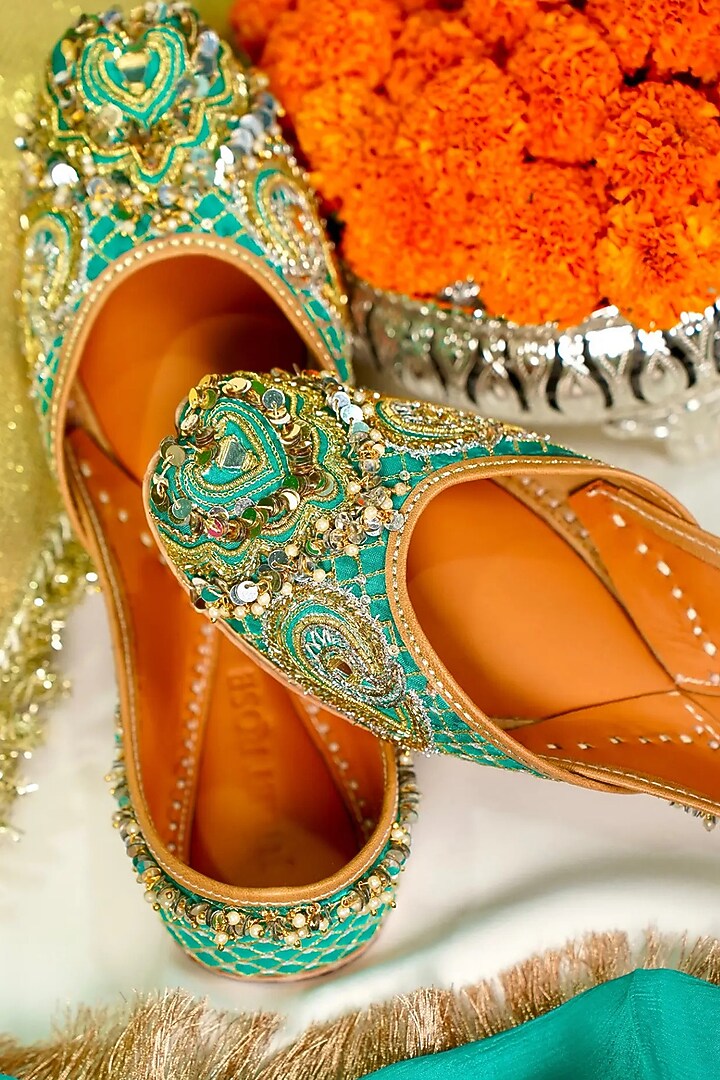 Blue Silk Beads & Sequins Embellished Handcrafted Juttis by Juliet Rose at Pernia's Pop Up Shop