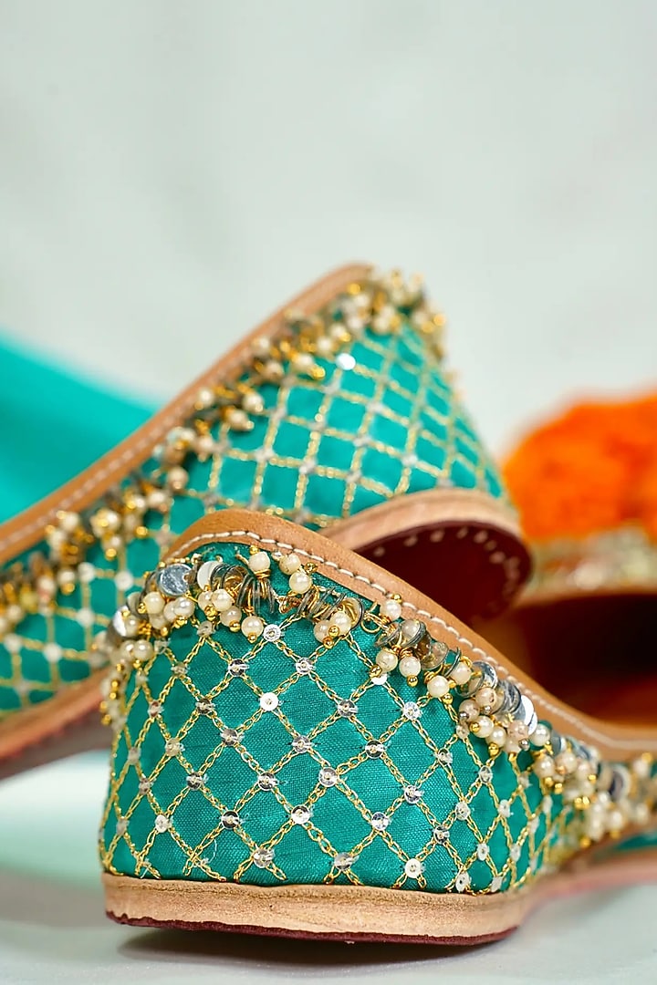 Blue Silk Beads & Sequins Embellished Handcrafted Juttis by Juliet Rose at Pernia's Pop Up Shop