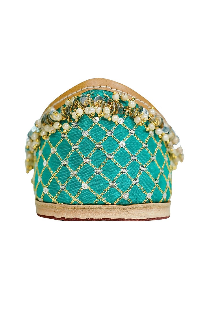 Blue Silk Beads & Sequins Embellished Handcrafted Juttis by Juliet Rose at Pernia's Pop Up Shop