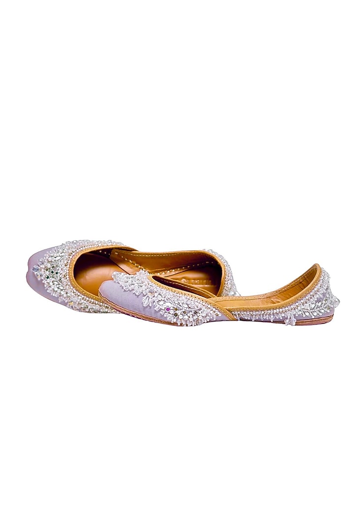 Lavender Silk & Vegan Leather Mirror Embellished Juttis by Juliet Rose at Pernia's Pop Up Shop