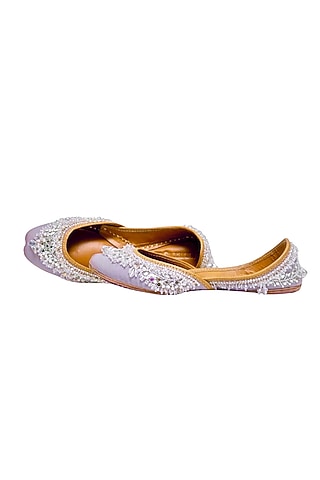 Lavender Silk & Vegan Leather Mirror Embellished Juttis by Juliet Rose