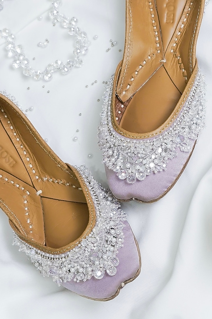 Lavender Silk & Vegan Leather Mirror Embellished Juttis by Juliet Rose at Pernia's Pop Up Shop