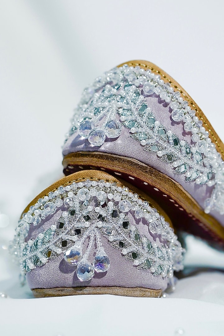 Lavender Silk & Vegan Leather Mirror Embellished Juttis by Juliet Rose at Pernia's Pop Up Shop