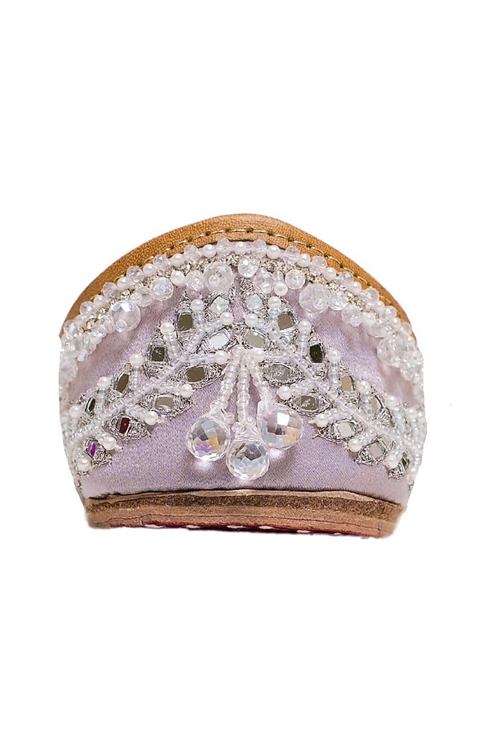 Lavender Silk & Vegan Leather Mirror Embellished Juttis by Juliet Rose at Pernia's Pop Up Shop