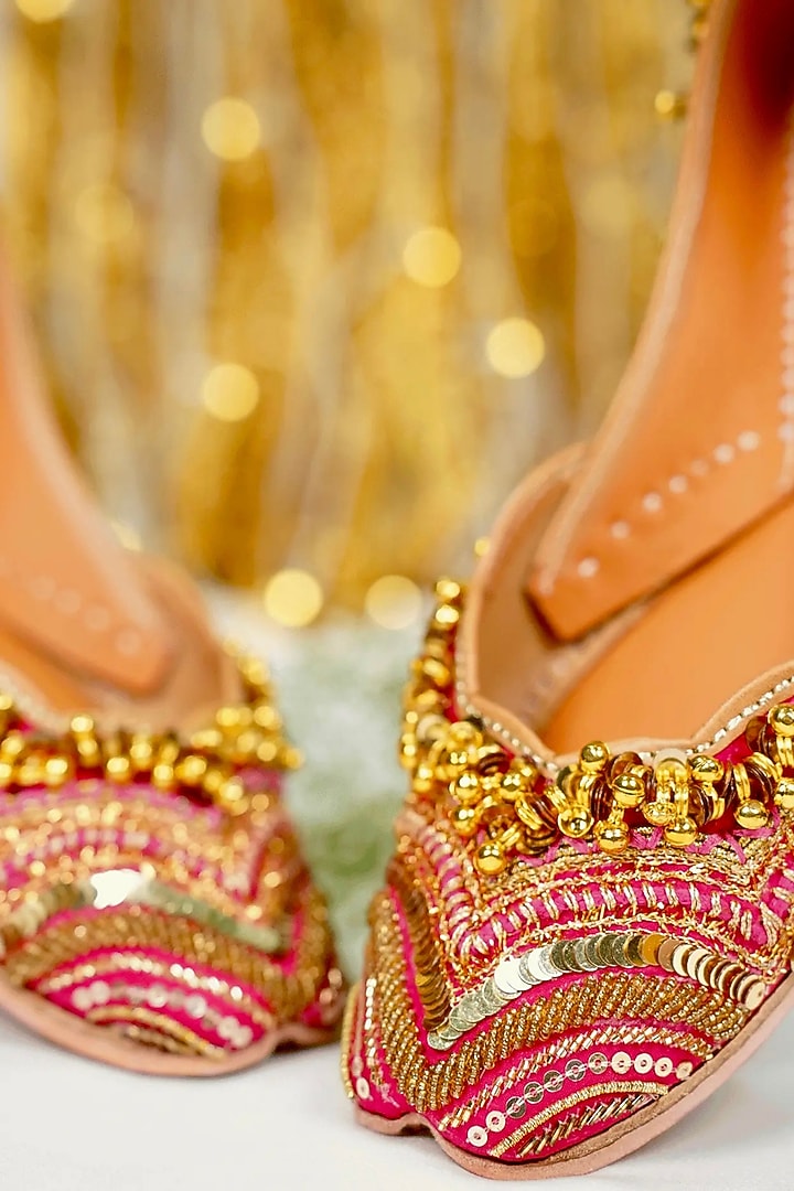 Fuchsia Silk Zari & Sequins Embroidered Juttis by Juliet Rose at Pernia's Pop Up Shop
