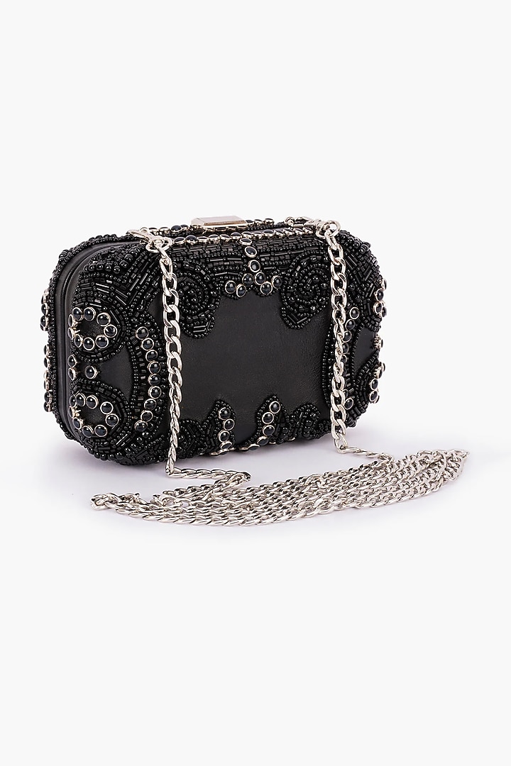 Black Leather Embellished Box Clutch by Jasbir Gill at Pernia's Pop Up Shop