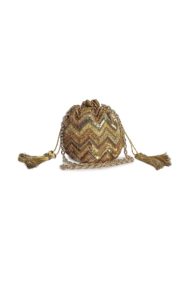 Gold Polyester Embroidered Potli Bag by Jasbir Gill