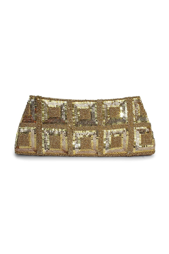 Gold Polyester Embroidered Clutch by Jasbir Gill