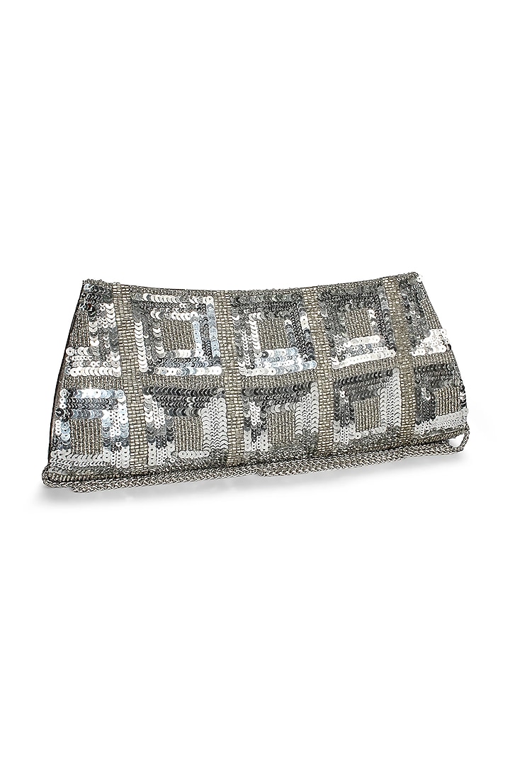 Silver Polyester Embroidered Clutch by Jasbir Gill at Pernia's Pop Up Shop