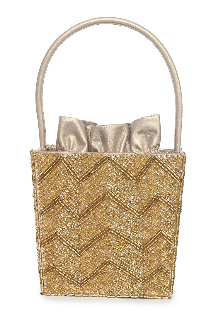 Gold Polyester Embroidered Bucket Bag by Jasbir Gill