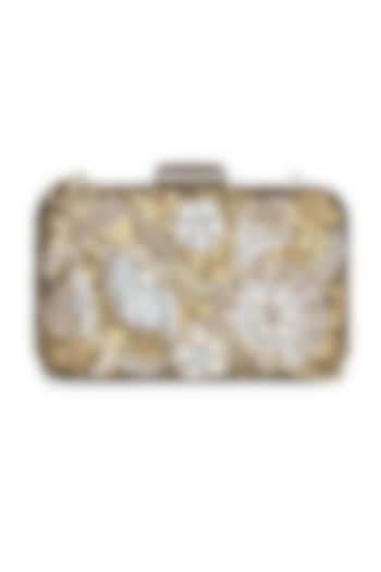 Gold Polyester Hand Embroidered Box Clutch by Jasbir Gill