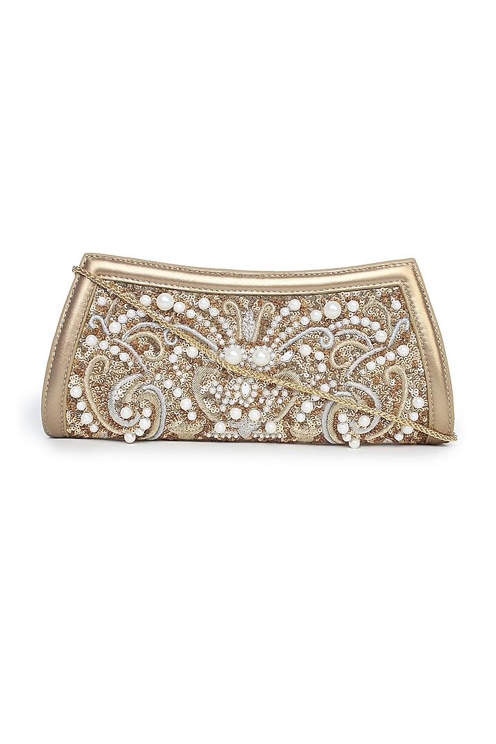 Gold Polyester Hand Embroidered Clutch by Jasbir Gill