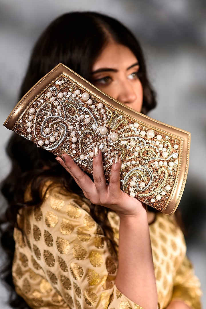 Gold Polyester Hand Embroidered Clutch by Jasbir Gill at Pernia's Pop Up Shop