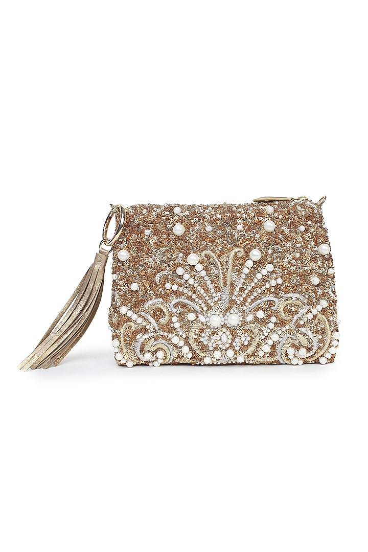 Gold Polyester Embroidered Crossbody Bag by Jasbir Gill